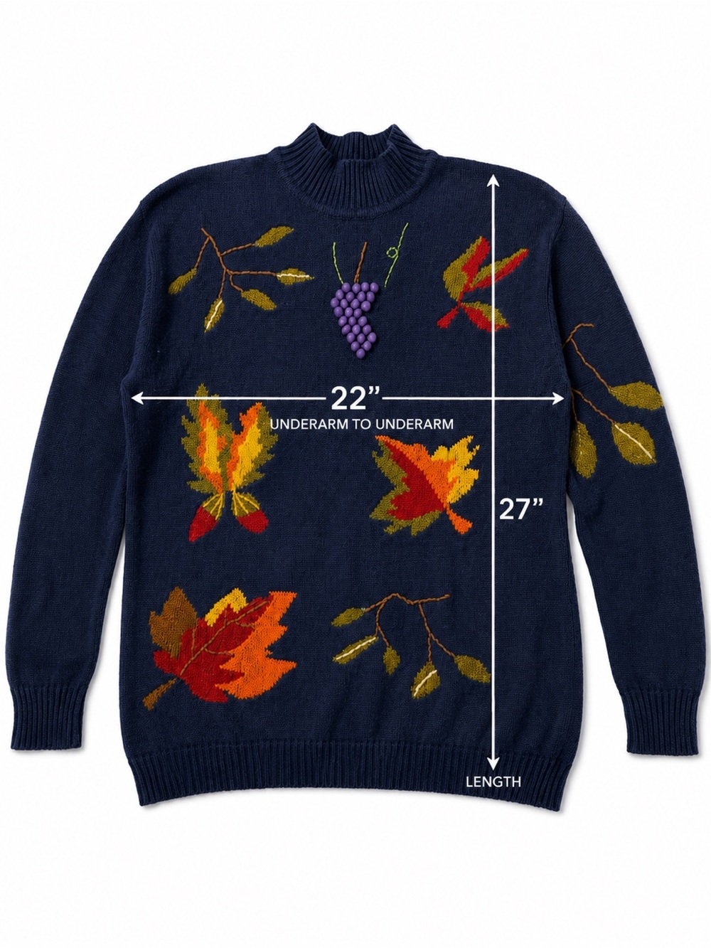 Vintage Hastings & Smith Ramie Cotton Fall Leaves Sweater 3D Grapes Mock Neck M